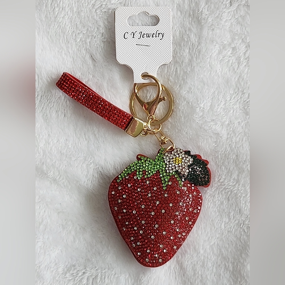 Red Strawberry Rhinestone Keychain Sparkling Bag Charm